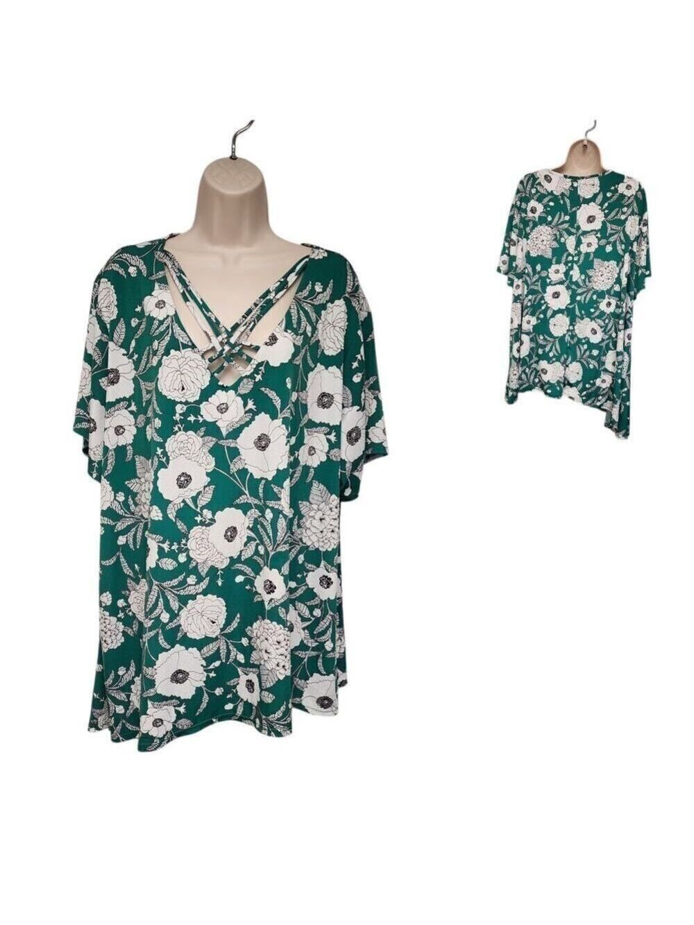 CATO EST 1946 V-Neck Short Sleeve 3D Floral Tunic Green/White Blouse 26/28W
